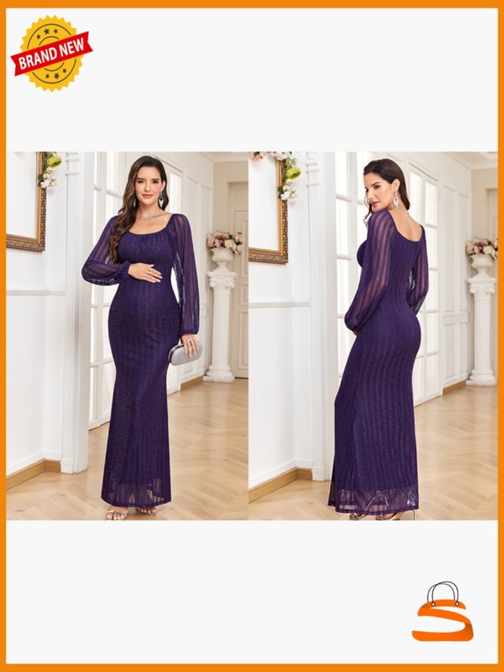 Sparkly Mesh Maternity Dress Long Sleeve Square Neck Maxi - Picture 7 of 7